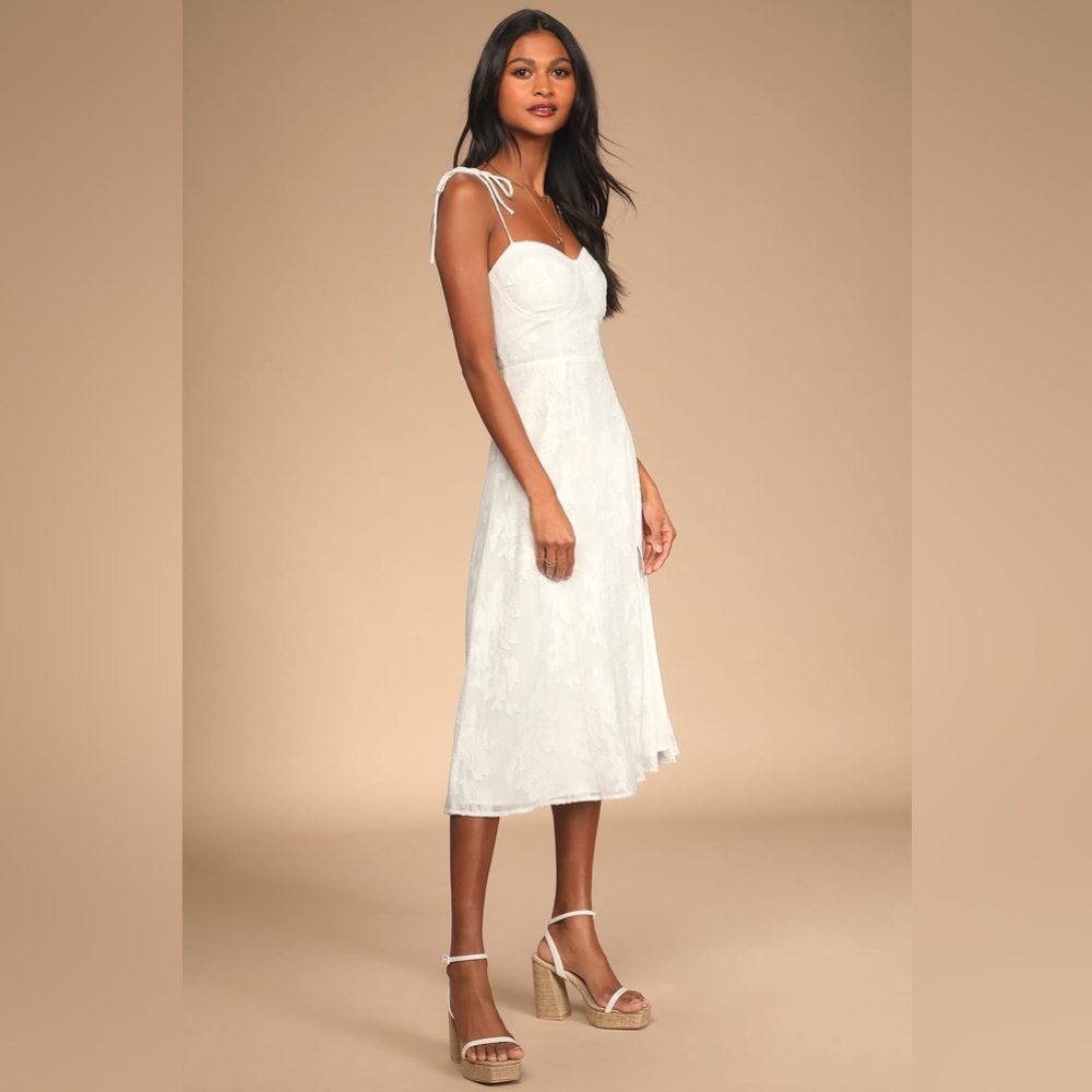 Lulus Loveliest Looks Midi Dress XS White Floral Jacquard Metallic Cottagecore - Picture 10 of 11